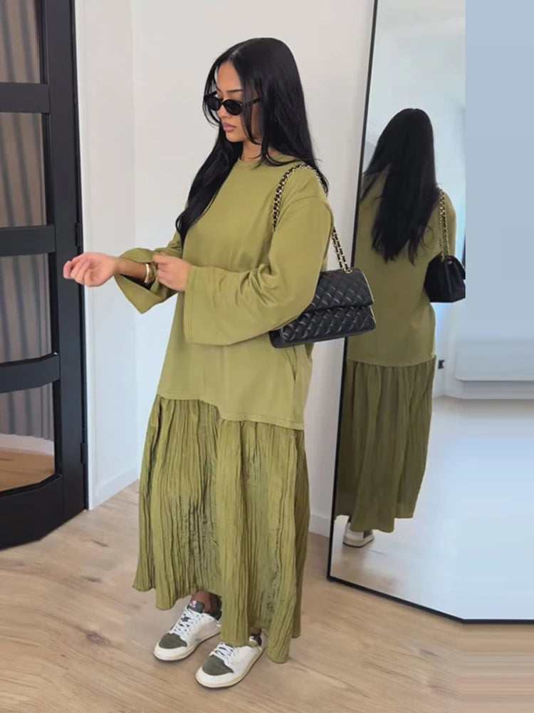 Short Sleeve Patchwork Oversized Long Dress Women Elegant O-neck Pleated Loose Party Evening Dresses Summer Casual Lady Vestidos