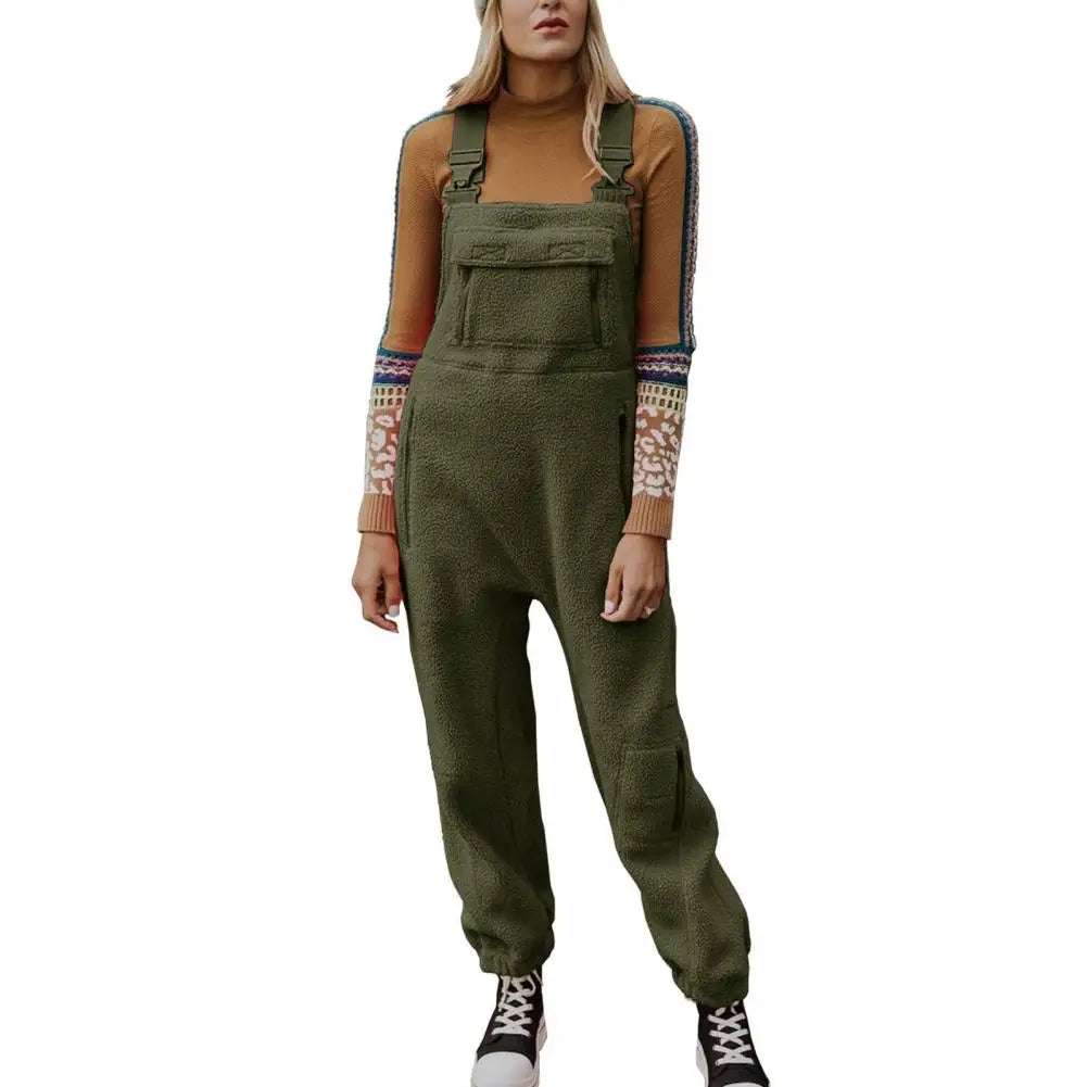 Fall Winter Women Jumpsuit Solid Color Plush Loose Overalls For Women One-piece Sleeveless Ankle-banded Cargo Outfit With Pocket