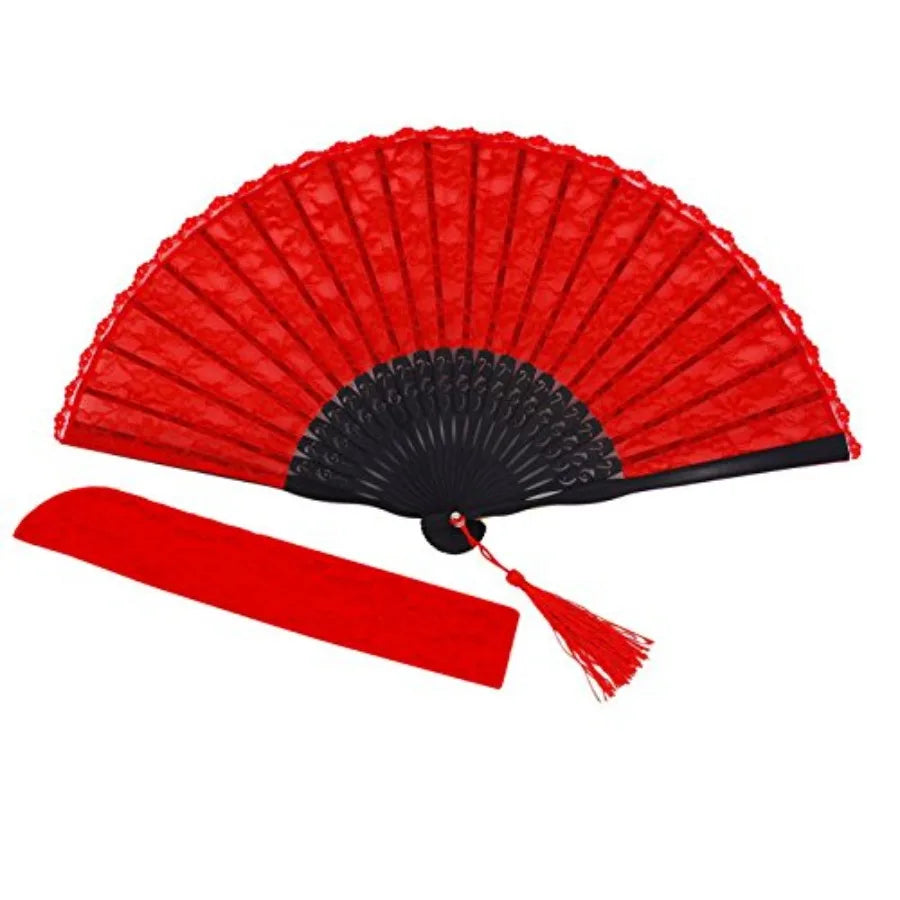 Chinese/Japanese Vintage Retro Style Bamboo Wood Silk Folding Hand Fan for Women 23cm with Tassel Pendant and Silk Pouch