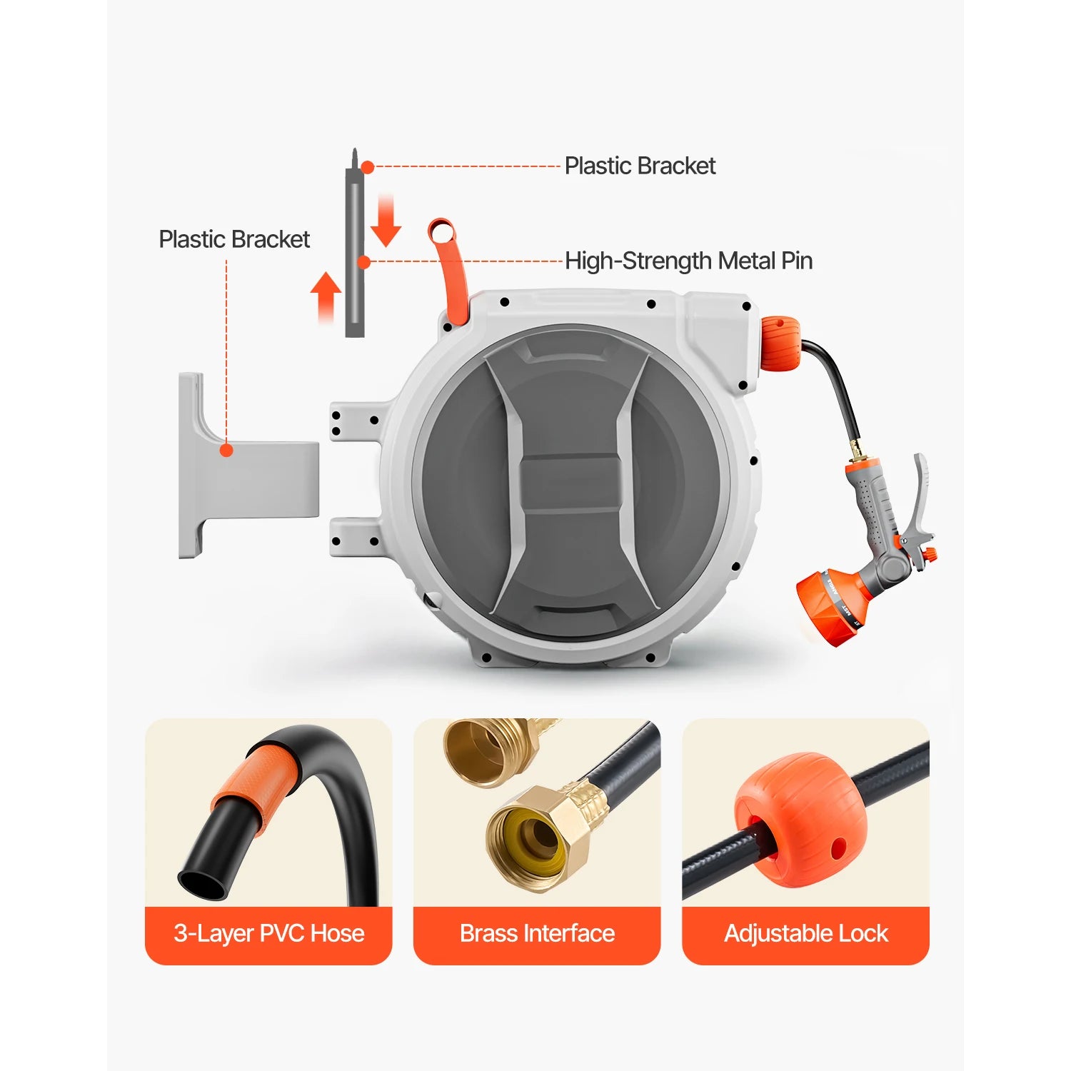 SucceBuy Retractable Garden Hose Reel Wall Mounted Hose Reel Heavy Duty Garden Hose Reel with 9Pattern Nozzle 180°Swivel Bracket