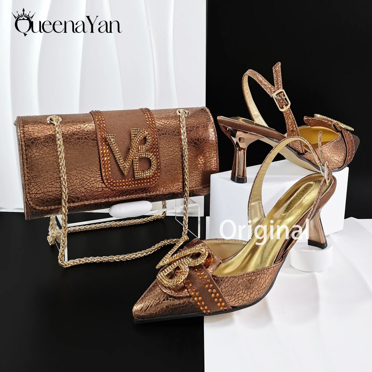 2026 Women Shiny Holographic Rainbow Slingback Heel Matching Bag Set Sparkly Rhinestone Letter Embellished Pumps for Wedding