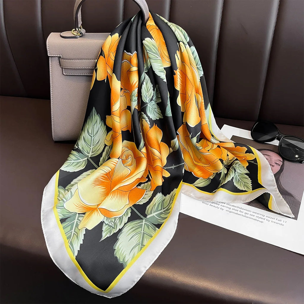 2025 New Yellow Lemon Print Square Silk Scarf for Women 70*70cm Neck Ties Fashion Decorate Neckerchief Female Hijab Bag Ribbions