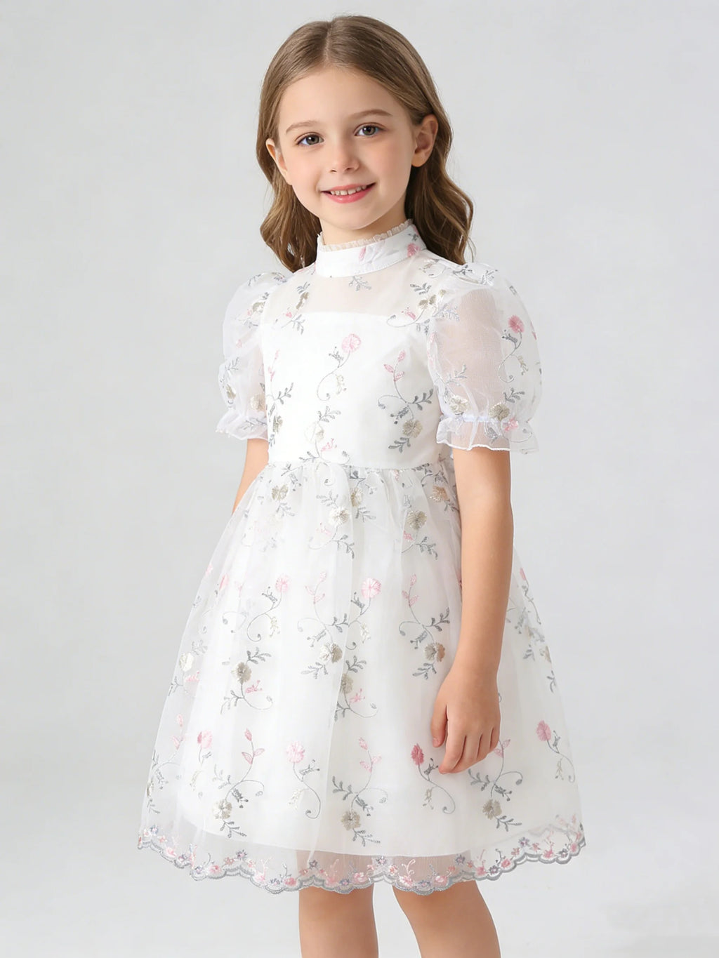 Spring And Summer Girls Flower Embroidery Princess Sleeves Sweet And Cute Hosting Banquet Mesh Dress