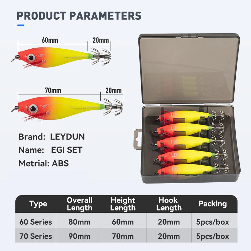 LEYDUN Luminous Horizontal Squid Jig Wood Shrimp Squid Hook 5pcs Fishing Lures LEYDUN Octopus Cuttlefish Shrimp Saltwater Baits