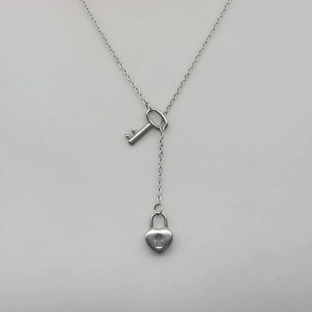 Key to My Heart Lock and Key Lariat Necklace Stainless Steel Dainty Love Padlock Key Y Necklace Valentine Necklace Gift for Her