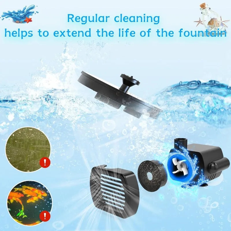 New 1W/1.5W/2.5W/3.5W Outdoor Solar Fountain Water Pump Bird Bath Fountain with 6 Nozzles Suitable for Courtyard Garden Pools