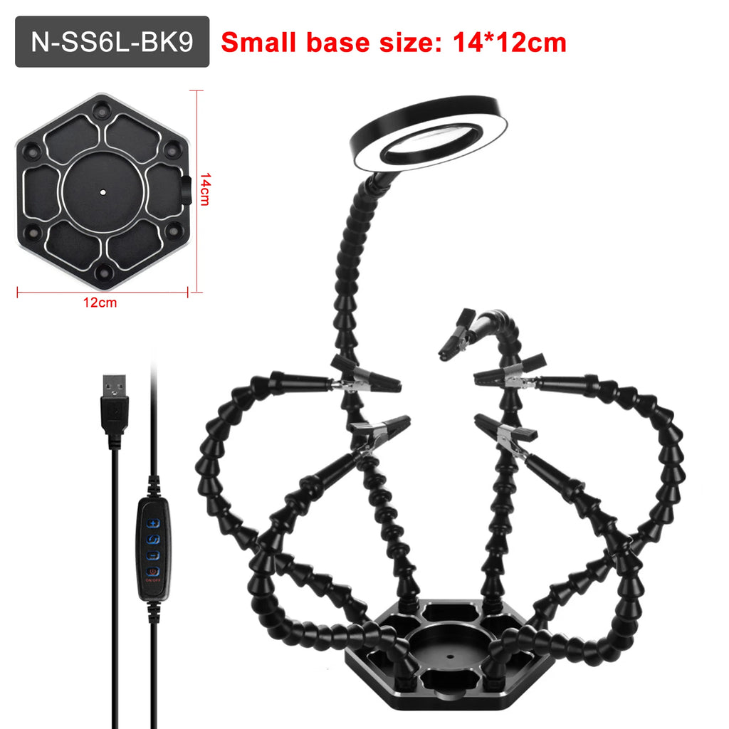NEWACALOX Third Hand Soldering PCB Holder Tool Helping Hands Crafts Hobby Welding Station USB DC Cooling Fans 6pc Flexible Arms
