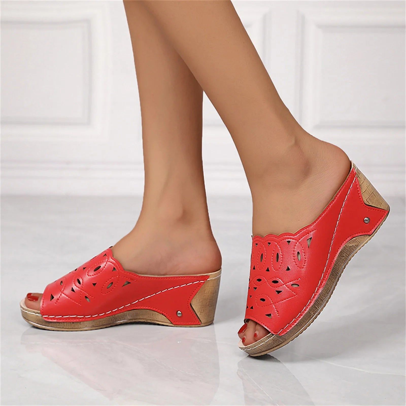 Women'S Sandals Summer 2024 Leather Hollowed Out Fish Mouth Sloping Heel  Roman Sandals Fashionable Solid Color Slippers Heels