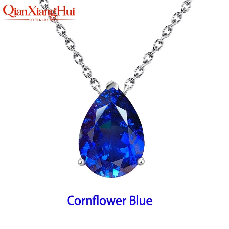 925 Silver Pear Shape 7ct 10x14mm Royal Blue/Cornflower Blue Lab Grown Created Sapphire Inclusions Stone Jewelry Pendant Necklac