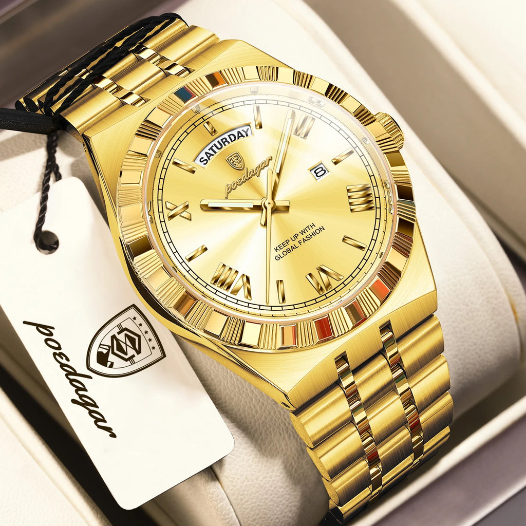 POEDAGAR Fashion Business Men's Watch Luminous Waterproof Week Date Luxury Man Wristwatch Stainless Steel Quartz Watches For Men