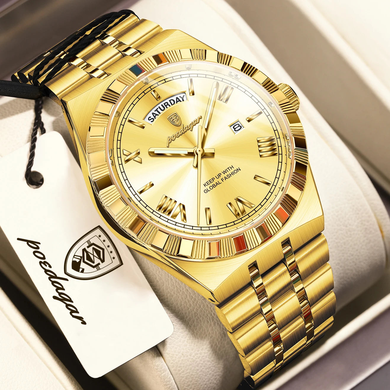 POEDAGAR Fashion Business Men's Watch Luminous Waterproof Week Date Luxury Man Wristwatch Stainless Steel Quartz Watches For Men