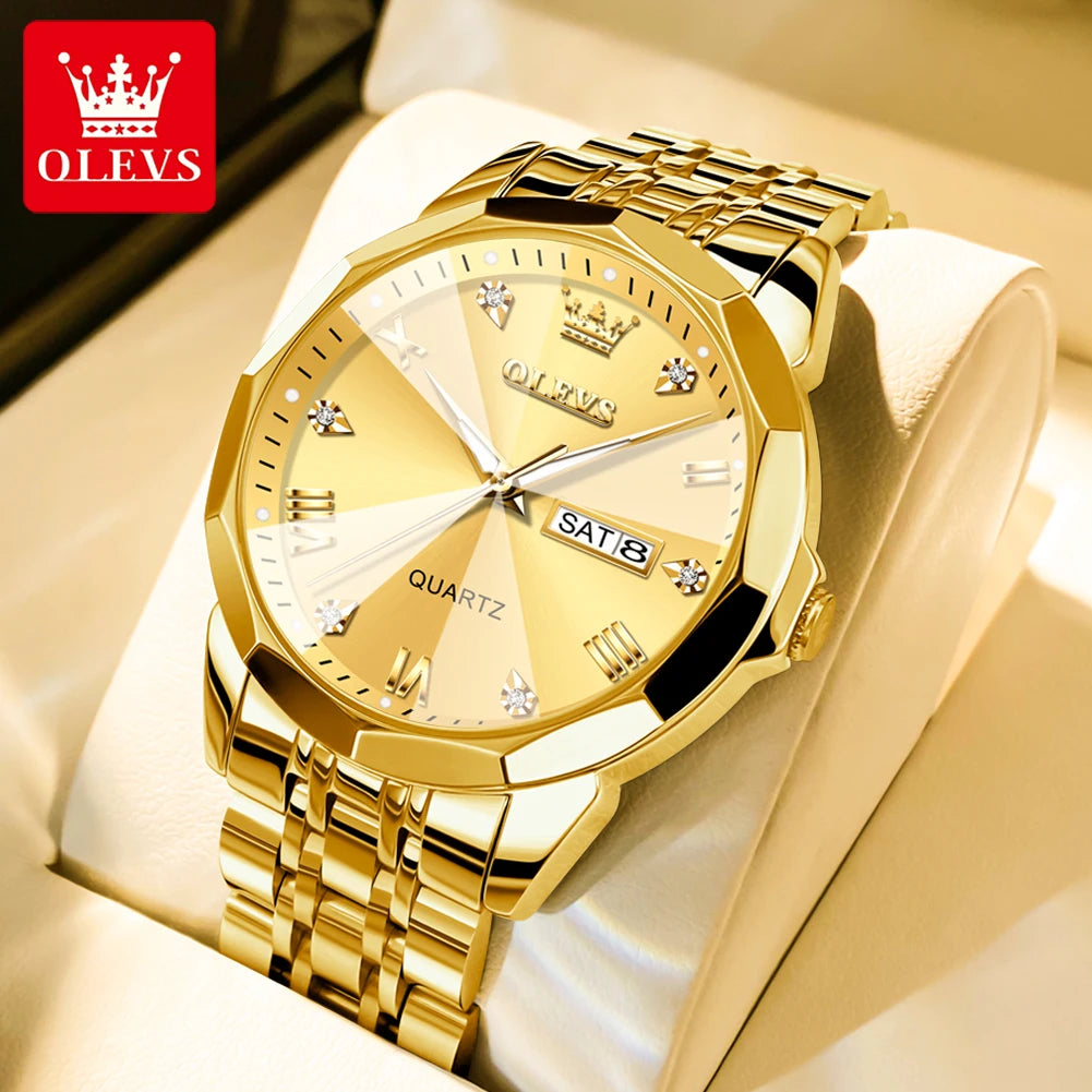 OLEVS Men's Watches Rhombus Mirror Original Quartz Watch for Man Waterproof Luminous Stainless Steel Wristwatch Male Date Week