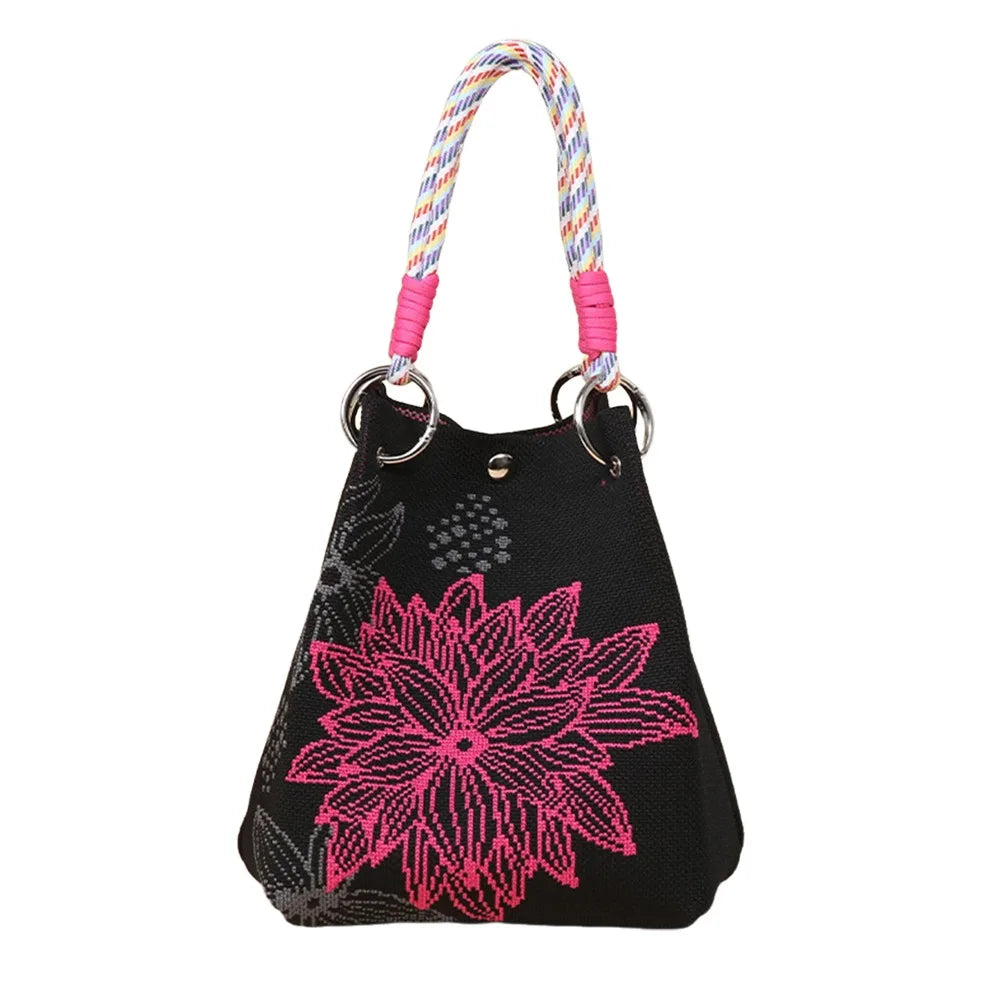 Cute Cartoon Knitted Bucket Bag Handmade Woven Ring Buckle Wrist Bag Large Capacity Tote Bag for Women Girls
