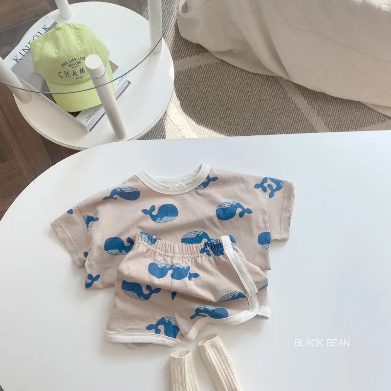 Summer Baby Boy 2PCS Clothes Set Cute Cartoon Bear Printed Tees Cotton Shorts Suit Ins Toddler Boys Breathable Outfits