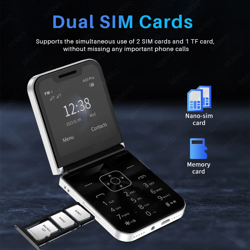 SERVO A50 PRO Foldable Mobile Phone Dual SIM Standby Call Recording Speed Dial Blacklist FM Radio 2G GSM Button Flip Cellphones