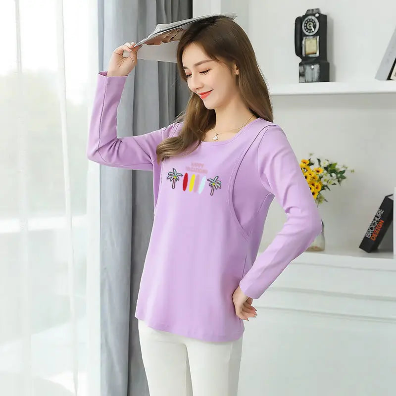2025 Autumn Long Sleeve O-neck Postpartum Women Nursing T-shirt Maternity Breastfeeding Top Pregnancy Lactation Tees 7 Colors