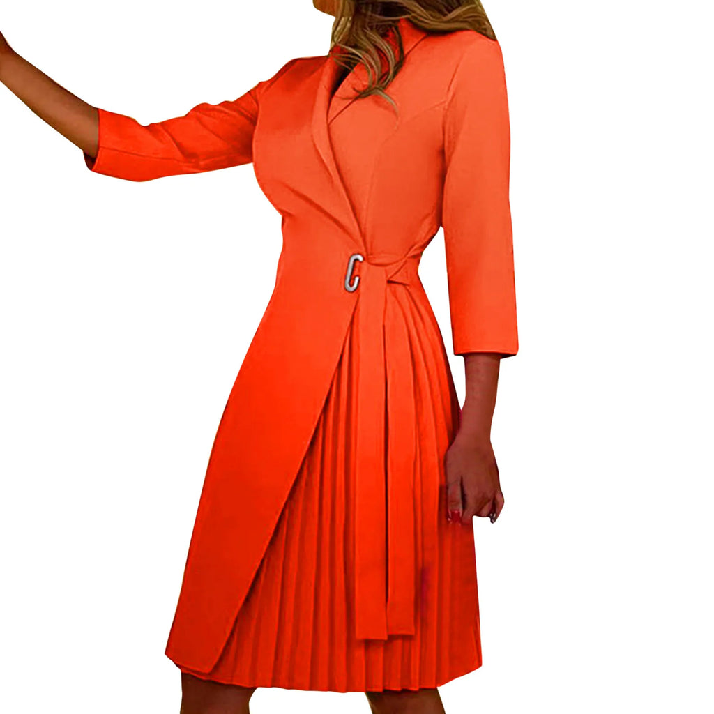 Autumn Fashion Women Patchwork Pleated Blazer Dress Elegant 3/4 Sleeve Lapel Lace-Up Dress Elegant Office Lady Slim Party Dress