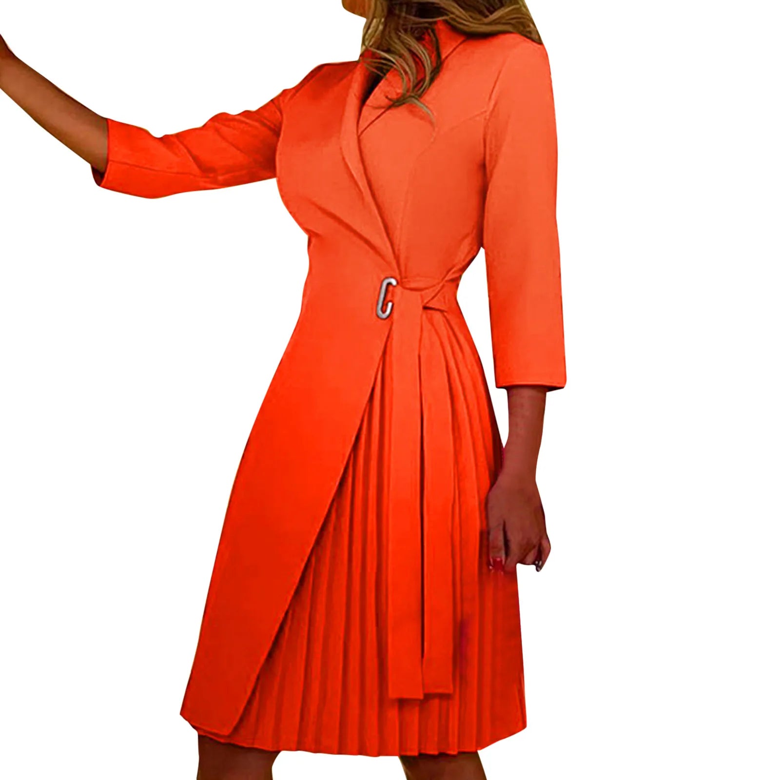 Autumn Fashion Women Patchwork Pleated Blazer Dress Elegant 3/4 Sleeve Lapel Lace-Up Dress Elegant Office Lady Slim Party Dress