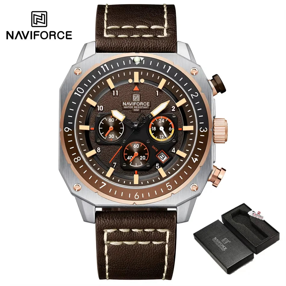 NAVIFORCE Sports Multifunction Waterproof Watches for Men Fashion Leather Luxury Brand Quartz Analog Luminous Square Wrist Watch