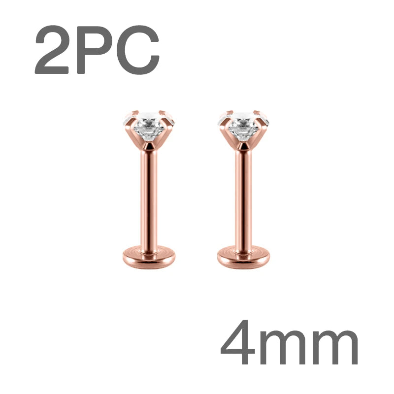 Surgical Steel CZ Flat Back Labret Stud 16G 6mm 8mm Internally Threaded for Cartilage Helix Tragus Lip Hypoallergenic Piercing