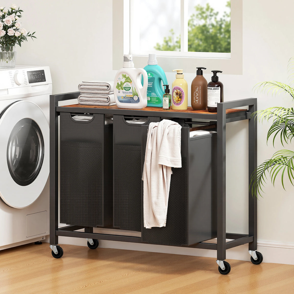 MCQ 36IN Laundry Hampers with Movable Wheels Metal Frame and Pull-Out Removable Sorter Bags Clothes Basket Organizer for Home