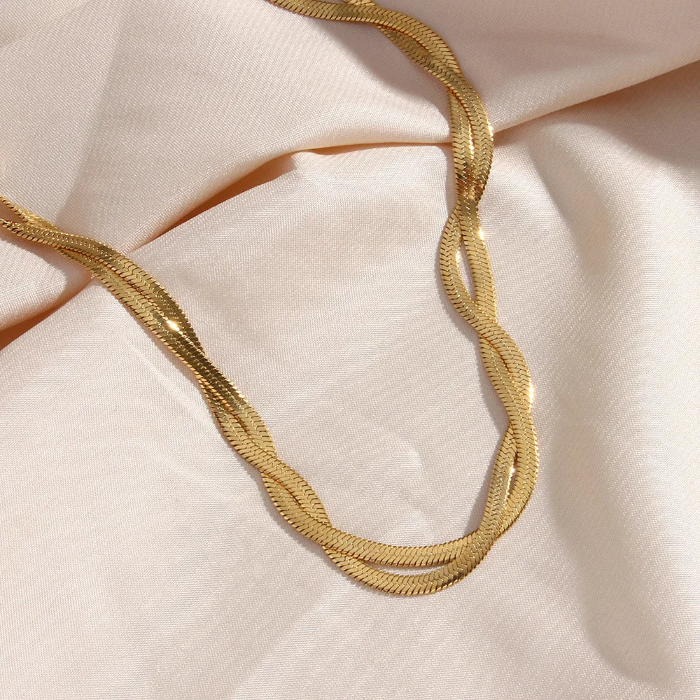 Gold Plated Waterproof Braided New Herringbone Chain Necklace Bracelets Set Wholesale Stainless Steel Jewelry For Women