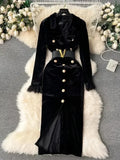 Autumn Winter Luxury Velvet Dress Women Clothing Notched Lion Metal Buttons Split Letter Belt Thick Velour Long Party Vestidos