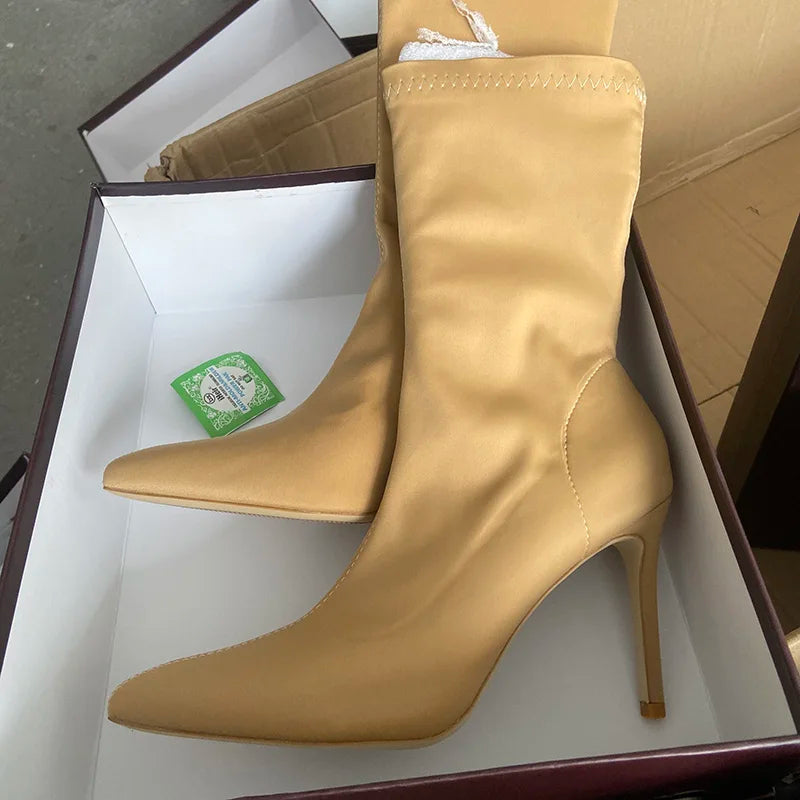 Women 7.5cm 10cm High Heels Silk Sock Boots Green Low Heels Short Ankle Boots Lady Stripper Winter Pointed Toe Satin Sexy Shoes