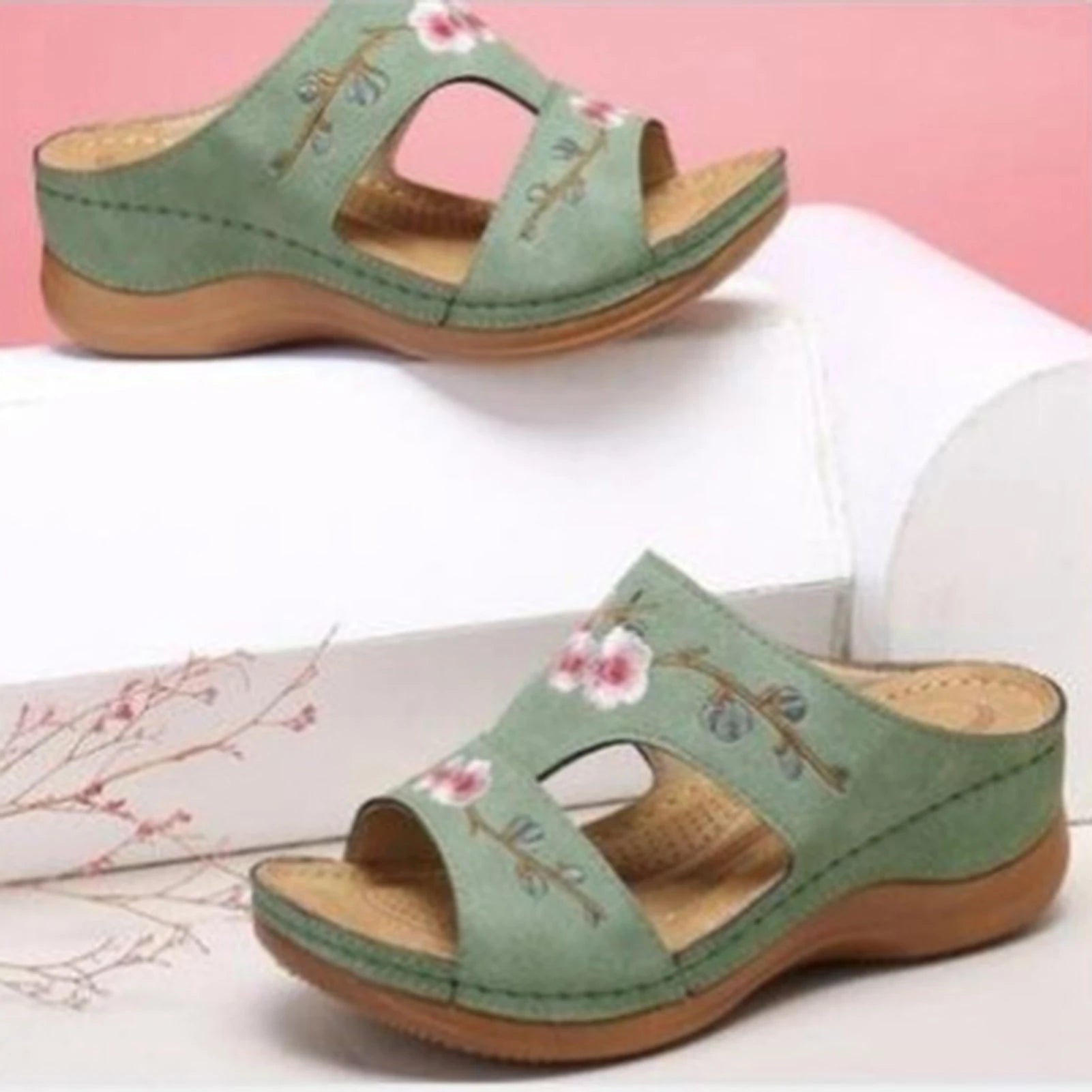 Women Embroidery Slide Sandals Vintage Embroidery Design PU Leather Slipper Gift for Christmas Birthday New Year