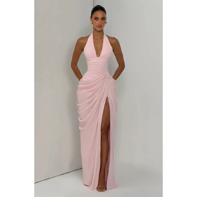 Women Fashion Solid Pleated Halter Dress Waist-cinching Sleeveless Backless Split Maxi Dresses 2026 Sexy Summer Lady Party Gowns