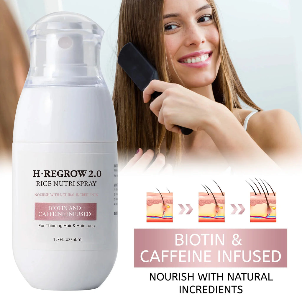 H-REGROW 2.0 Rice Nutri Hair Spray 50ml, Biotin Caffeine Ginger Rice Protein Infused, Nourishing Scalp Care Spray for Thin & Fragile Hair Daily Use