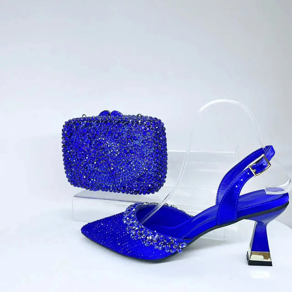 INSIGHTLINK Blue High Heels sandals and Bag Women Gems Dress Shoes Wedding stiletto Sandals Lady Bride high-heeled Stone Shoes