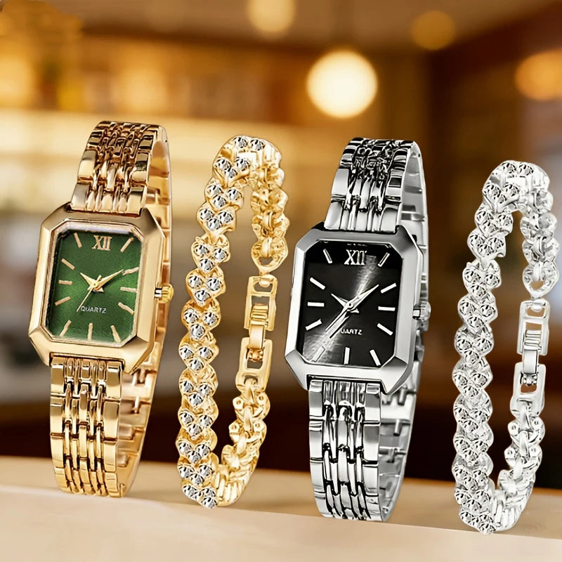 4PCS/Set Elegant Rectangle Women Watches Fashion Ladies Quartz Wristwatch Heart Bracelets Set Reloj Mujer Clock（Without Box）