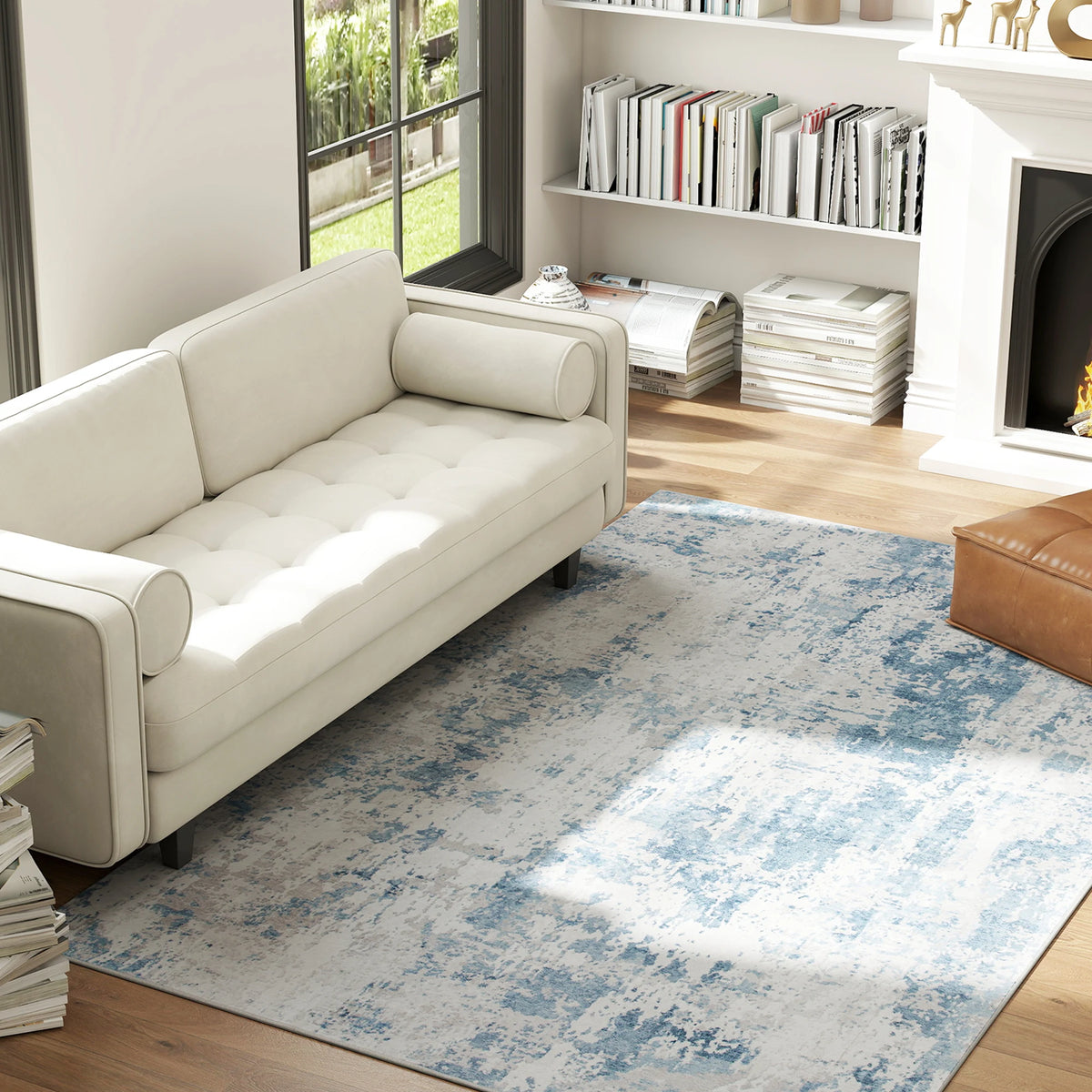 Area Rug 5x7, Machine Washable Rug, Non-Slip Modern Abstract Floor Cover Foldable Carpet, Blue