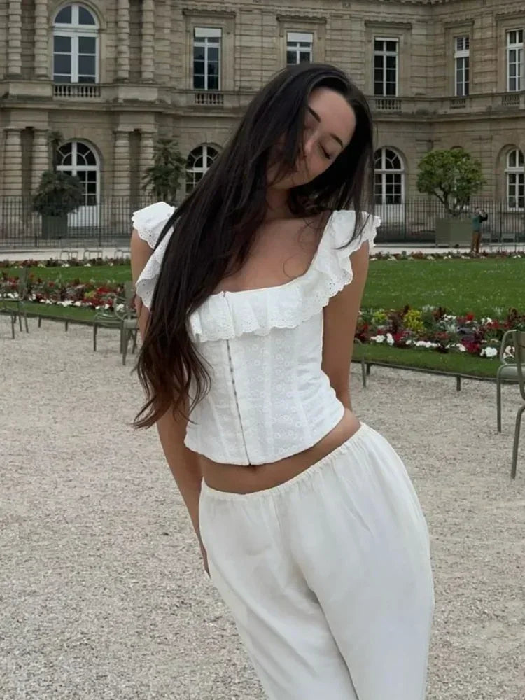White Ruffles Backless Lace-up Tops Women Sexy Square Neck Bodycon Cropped Tops Tank Vest 2026 Summer Vocation Beach Party Wear