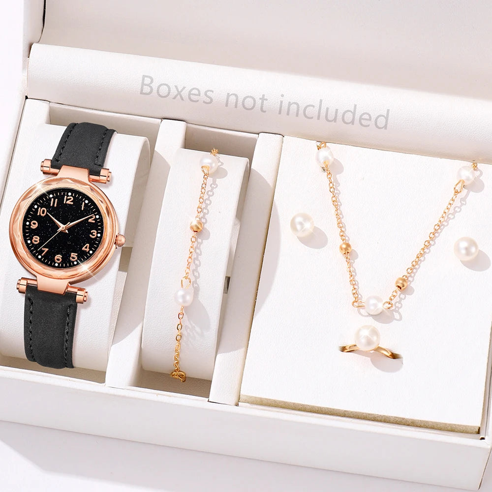 5/6 PCS/Set Red Women's Watch With Minimalist Elements Dial Quartz Watch Latex Strap Cherry Elements Jewelry Set Girl's Gift