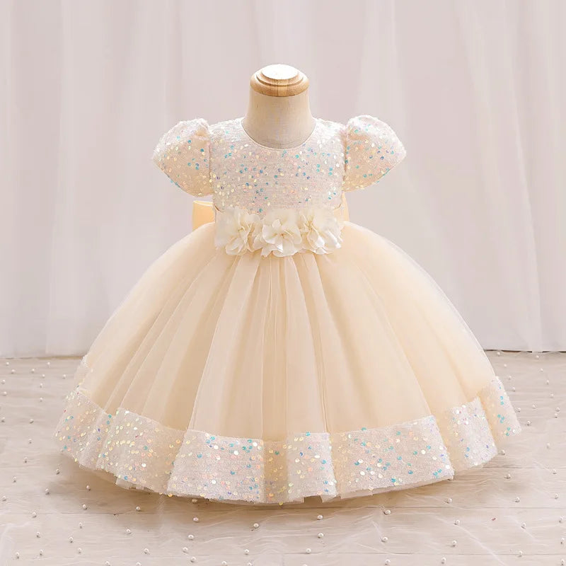 Toddler Baby Sequin Party Dresses Baptism Wedding 1 Year Birthday Bow Princess Dress For Baby Girls Lace Bridemaid Gown Vestidos