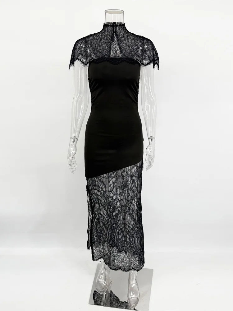 Elegant Lace Printed Long Dress For Women See-Through Turtleneck Patchwork Bandeau Party Dress Female Spring Maxi Dress 2026