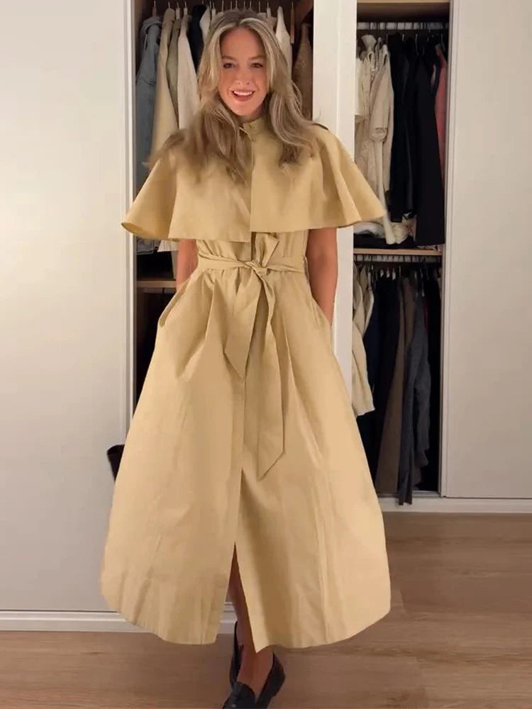 Women's Trench Style Midi Dress Stand Collar Cape Overlay Short Sleeve Belted Waist A‑Line Dresses Autumn Elegant Office Outfits