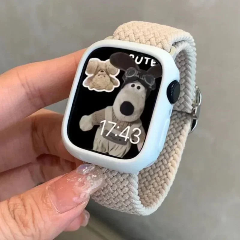 Korean Cute Braied Strap + Case For Apple Watch Band 49mm 41mm 45 44 38 42 Nylon Bracelet For iWatch Series 9 8 7 6 5 4 3 SE 40