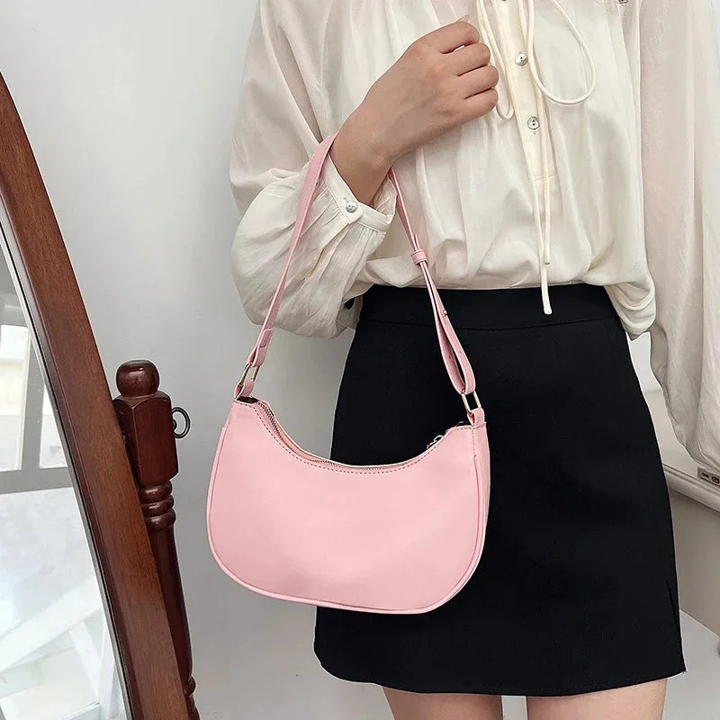 Women Luxury Solid Color PU Leather Shoulder Clutch Underarm Casual Tote Bag