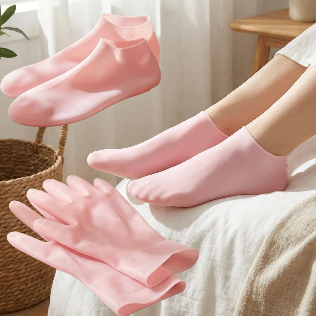 4pcs Silicone Moisturizing Socks Set, 1 Pair of Gloves And 1 Pair of Foot Covers, Reusable Spa Socks to Soften Feet And Hands