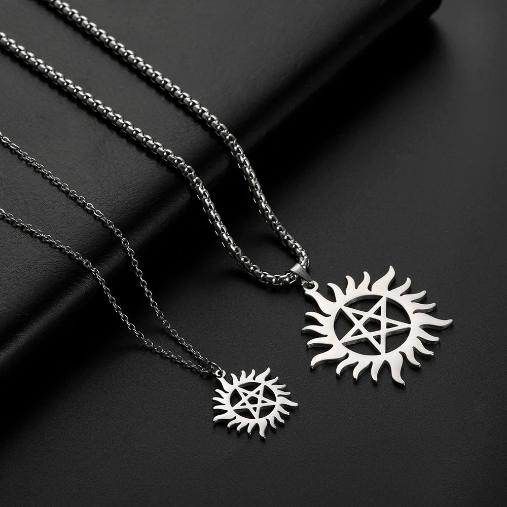 Skyrim Stainless Steel Shining Sun Pentagram Pendant Necklace Supernatural Dean Statement Box Chain Necklaces Couple Women Men