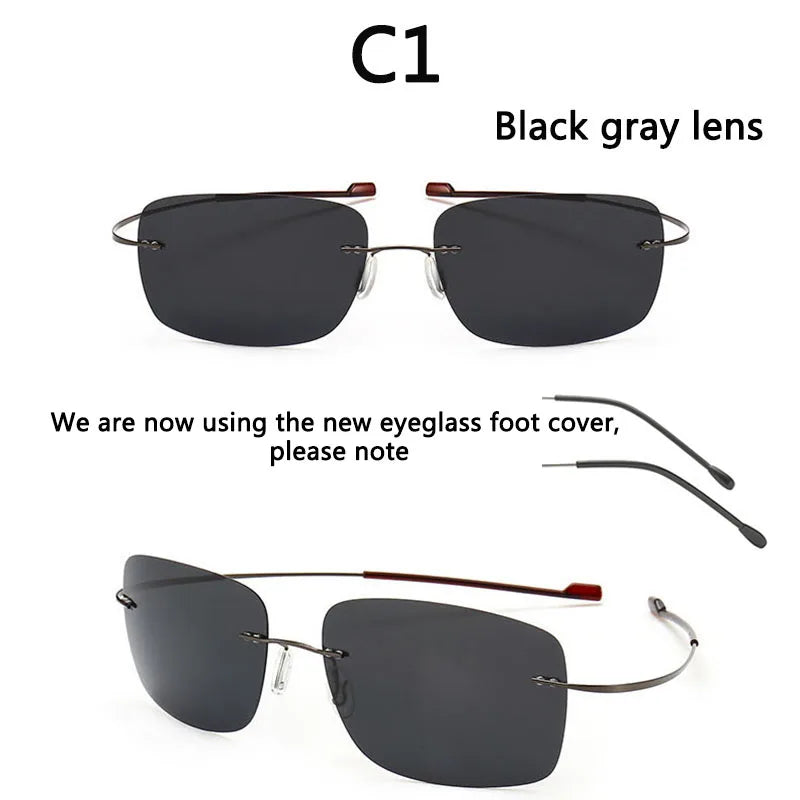 NEW Cool 100% Pure Titanium Rimless sunglasses Polarized Lenses Grey Super Thin Lenses Sun-shade UV protection UV400 spring leg