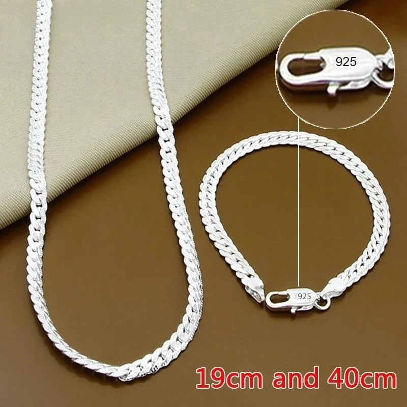 Fine Brands 5MM Flat Chain 925 Sterling Silver Bracelets Necklaces Jewelry Sets for Men Women Fashion Wedding Gifts