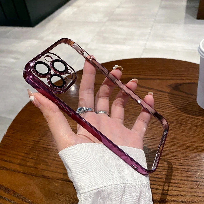 Luxury Plating Clear Silicone Phone Case For iPhone 16 17 15 14 13 12 11 Pro XR XS Max Mini Plus Lens Protection Case Back Cover