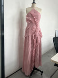 Chic pleated halter neck long vacation dress high quality purple strapless Lotus Edge Maxi Dress 2026 New Lady Vacation Gowns