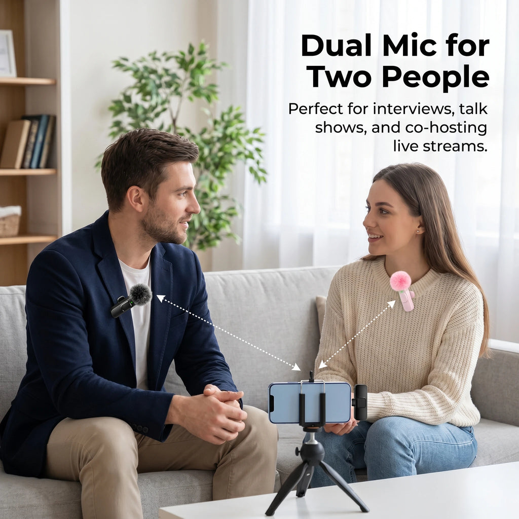 Wireless Lavalier Microphone with Furry Windscreen, Type-C&Lightning Adapter, Mini Clip Mic, Android, iPhone, Tablets, Laptops