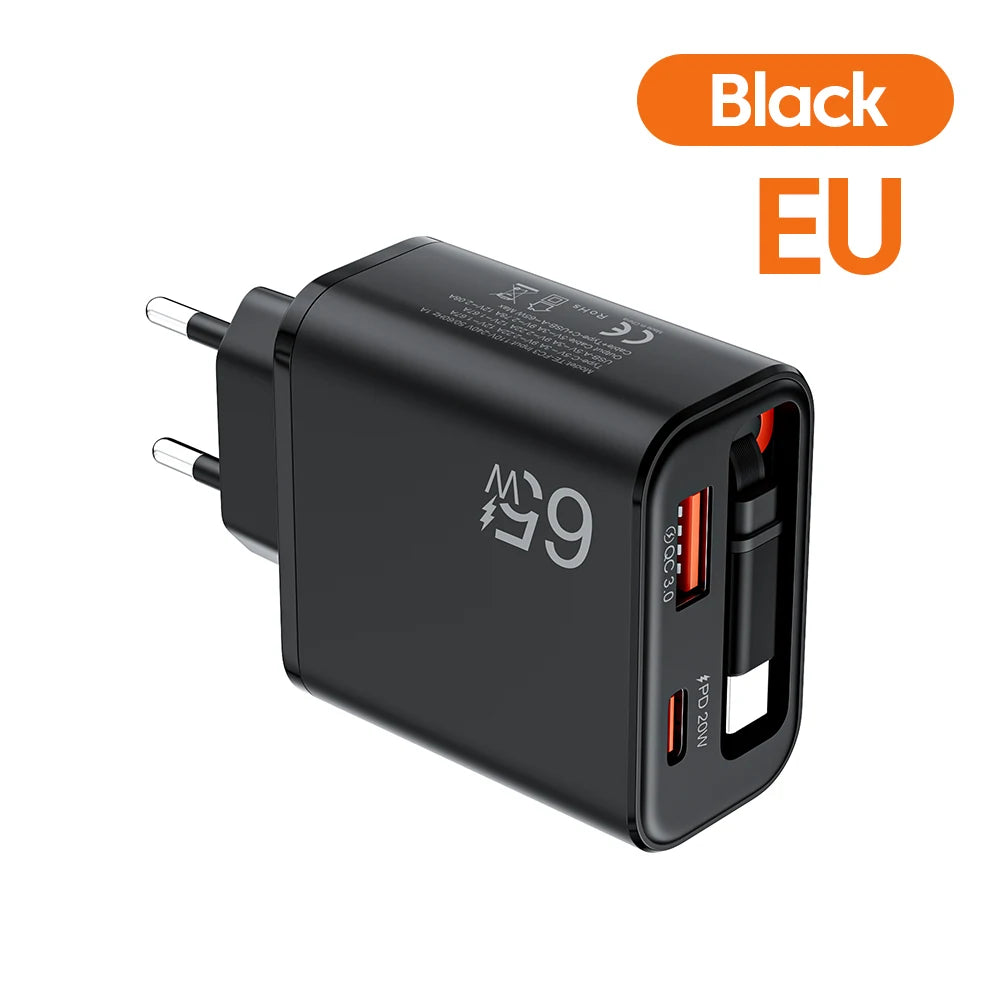 65W USB-C Wall Charger with Retractable Cable Super Fast Charging QC 3.0 USB PD for iPhone 17/16 POCO Xiaomi - Phone Chargers