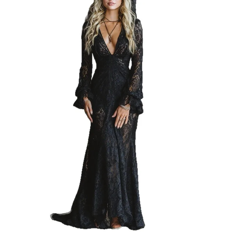 Deep V Neck Lace Embroidery Dress Woman High Waist Chic Hollow Out Jacquard Crochet Dress Autumn Flare Sleeve Formal Party Robe